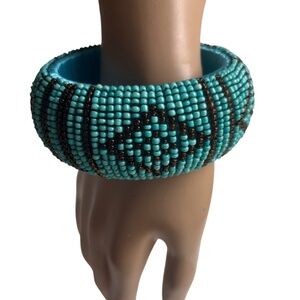 Vintage Beaded Bangle Bracelet Shades of the Color Turquoise & Black.
